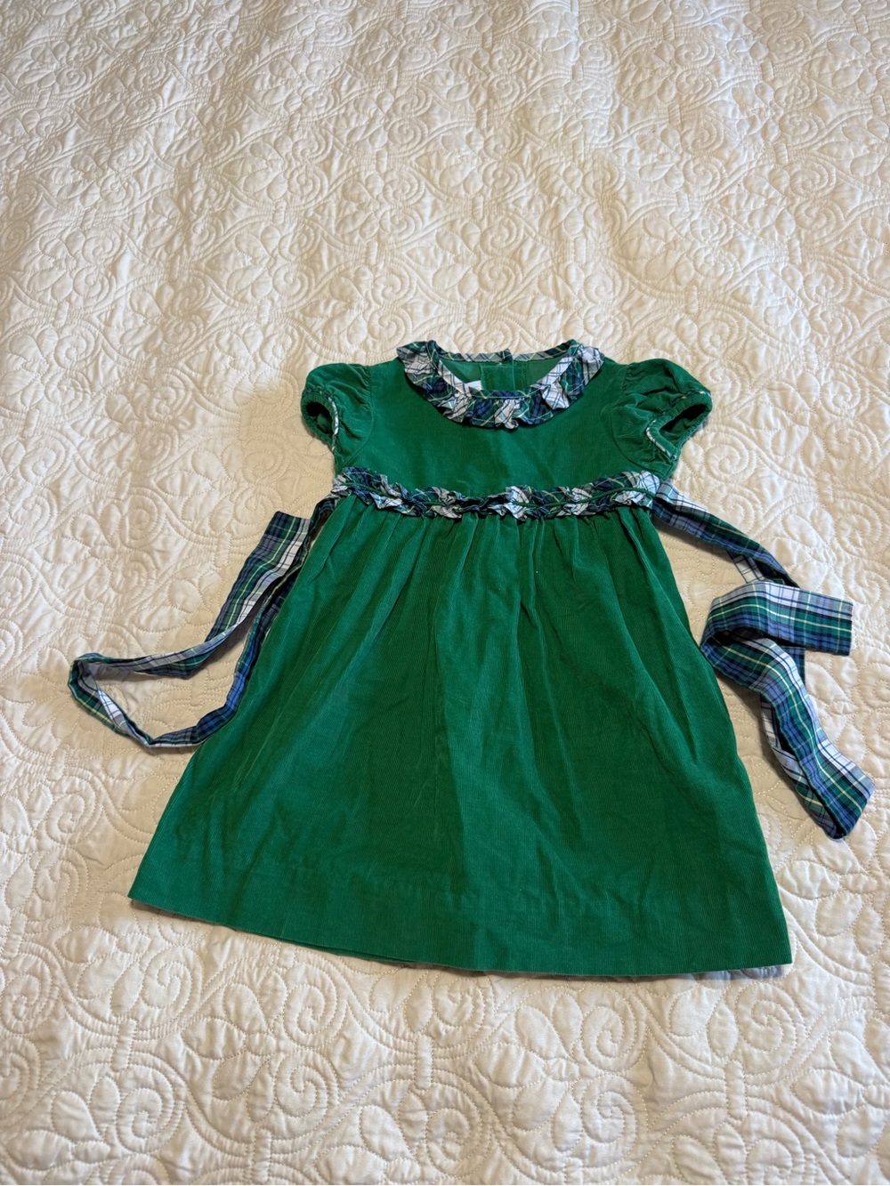 Little English girls toddler 3T dark Green corduroy Dress with navy Plaid Trim